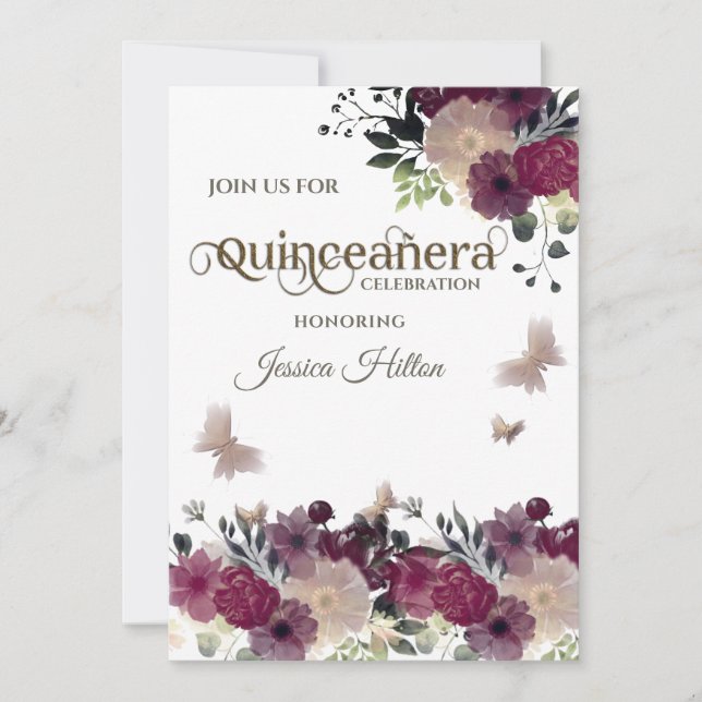Butterfly floral garden Quinceañera green Invitation (Front)