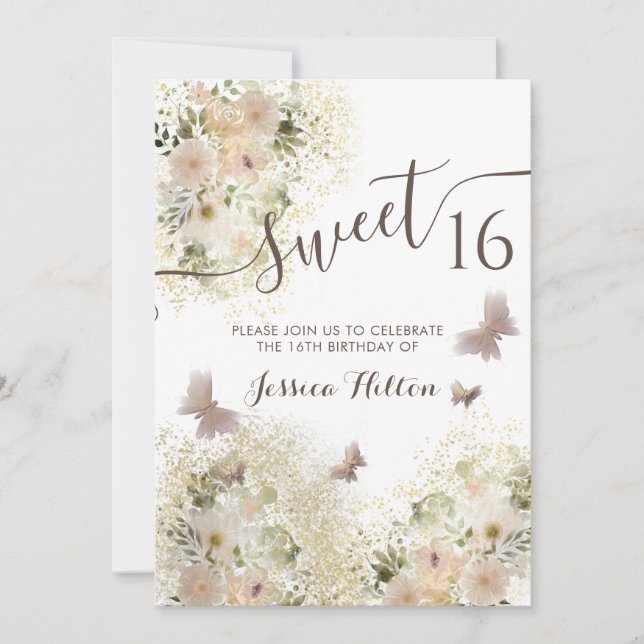 Butterfly floral garden sweet sixteen invitation (Front)