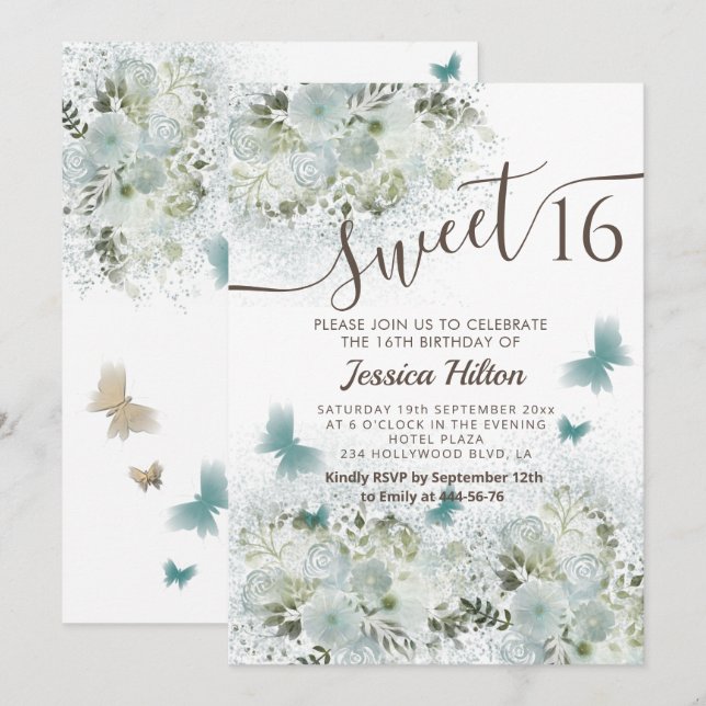 Butterfly floral garden sweet sixteen invitation (Front/Back)