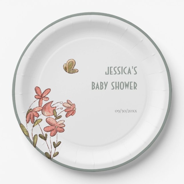 Butterfly Floral Girl Baby Shower  Paper Plate (Front)