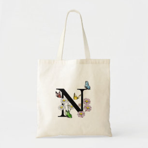 Butterfly Floral Letter N Tote Bag