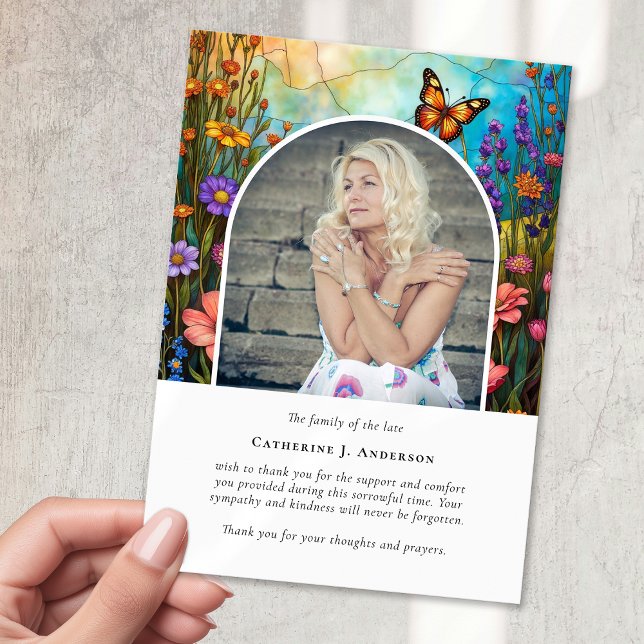 Butterfly Floral Memorial Photo Sympathy Funeral Thank You Card (Creator Uploaded)
