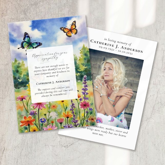 Butterfly Floral Memorial Photo Sympathy Funeral Thank You Card (Creator Uploaded)