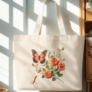 Butterfly Floral Monogram Large Tote Bag