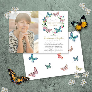 Butterfly Floral Photo Celebration of Life Funeral Invitation