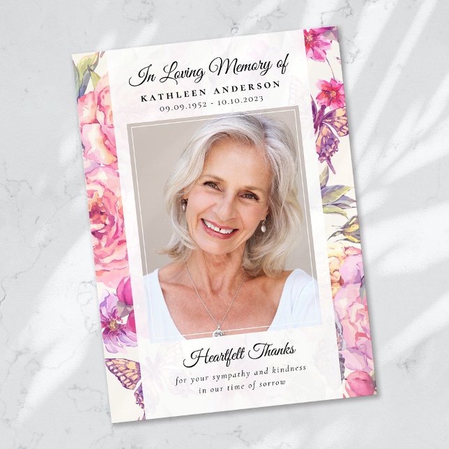 Butterfly Floral Photo Keepsake Funeral Memorial Thank You Card (Creator Uploaded)