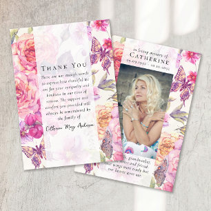 Butterfly Floral Photo Sympathy Funeral Memorial Thank You Card