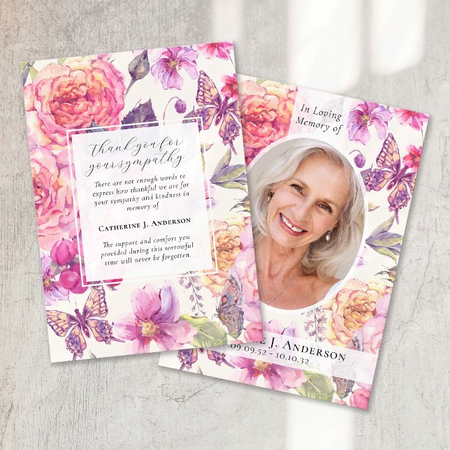 Butterfly Floral Photo Sympathy Funeral Memorial Thank You Card (Creator Uploaded)