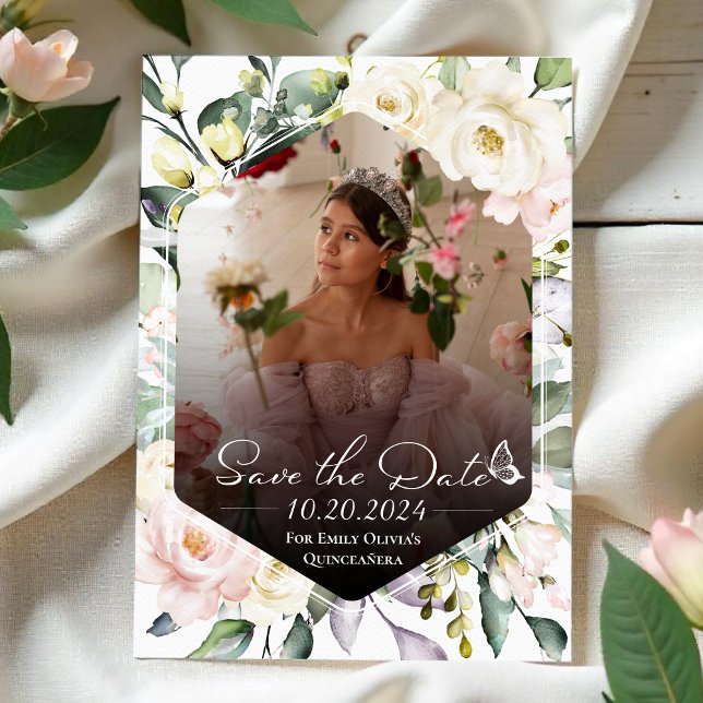 Butterfly Floral Quinceanera Photo Save The Date Invitation (Creator Uploaded)