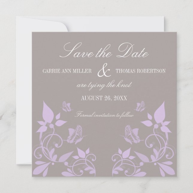 Butterfly Floral Save the Date Invite, Lilac (Front)