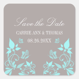 Butterfly Floral Save the Date Stickers, Aqua Square Sticker