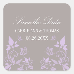 Butterfly Floral Save the Date Stickers, Lilac Square Sticker