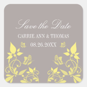 Butterfly Floral Save the Date Stickers, Yellow Square Sticker