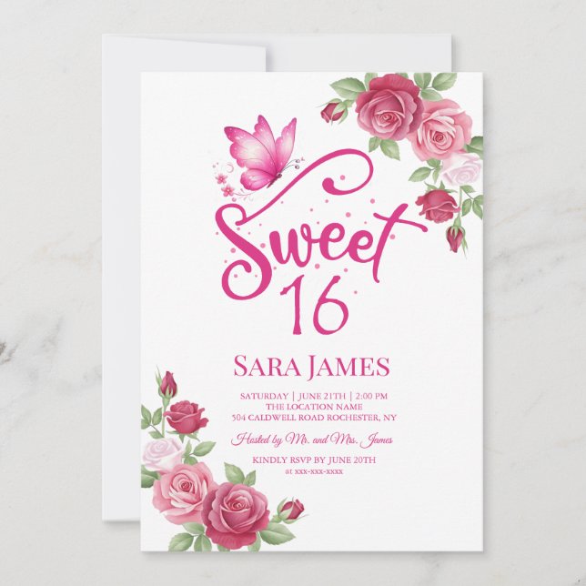 Butterfly Floral Sweet 16 Invitation (Front)