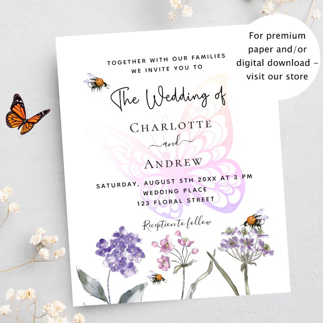 Butterfly floral violet budget wedding invitation (Creator Uploaded)