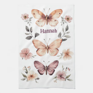Butterfly Floral Watercolor Elegant CUSTOM NAME Tea Towel