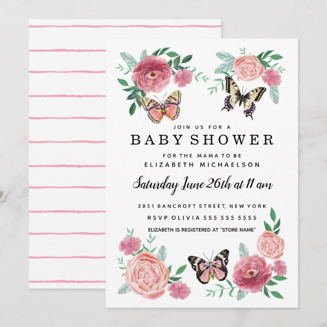 Butterfly Florals Pink Baby Girl Baby Shower Invitation (Front/Back)