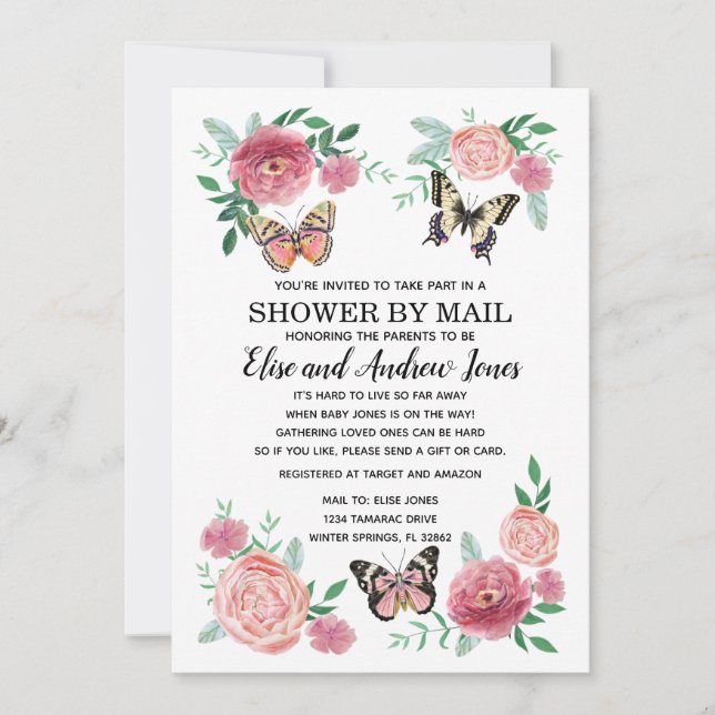 Butterfly Florals Shower by Mail Long Distance Invitation (Front)
