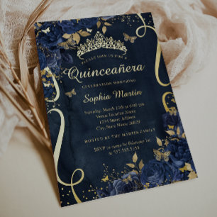 Butterfly Flower Elegant Gold Navy Quinceanera