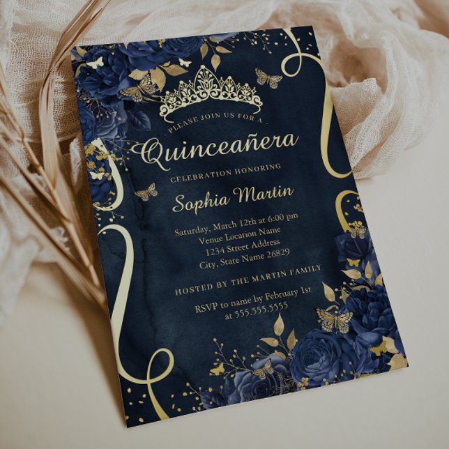 Butterfly Flower Elegant Gold Navy Quinceanera (Creator Uploaded)