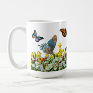 Butterfly Flower Garden With Tulips and Daisies Coffee Mug
