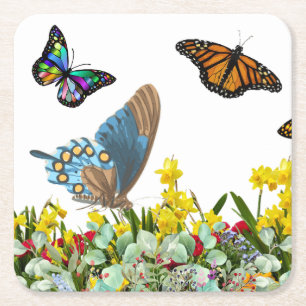 Butterfly Flower Garden With Tulips and Daisies Square Paper Coaster