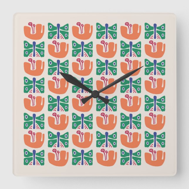 Butterfly Flower Pattern Square Wall Clock (Front)
