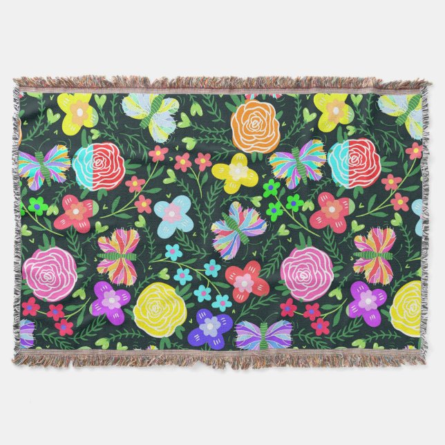 Butterfly Flower Rainbow Throw Blanket (Front)