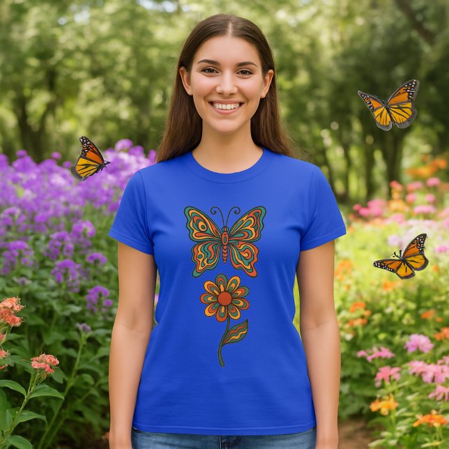 Butterfly & Flower Retro 70's Art T-Shirt (Creator Uploaded)