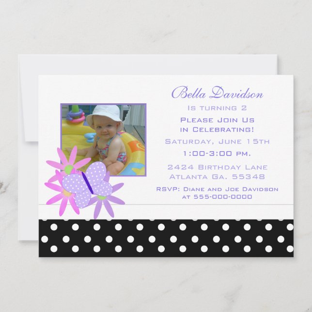 Butterfly, Flowers and Polka Dot Party Invitation (Front)
