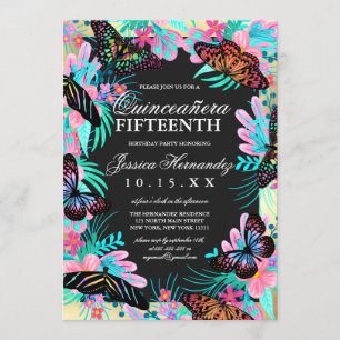 Butterfly Flowers Leaves Watercolor Quinceañera Invitation