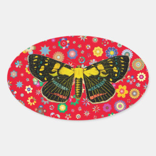 butterfly flowers nature wildlife art red backing oval sticker