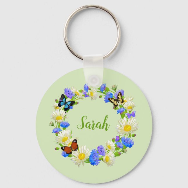 Butterfly Flowers Personalised Keychain Floral (Front)
