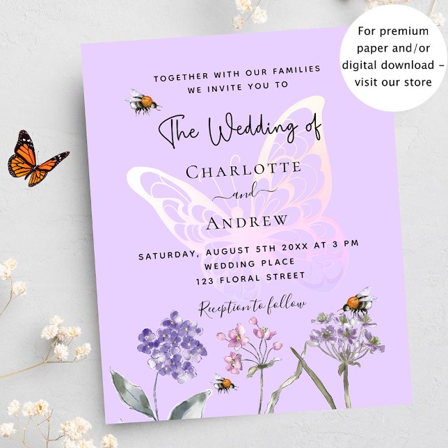 Butterfly flowers violet budget wedding invitation (Creator Uploaded)