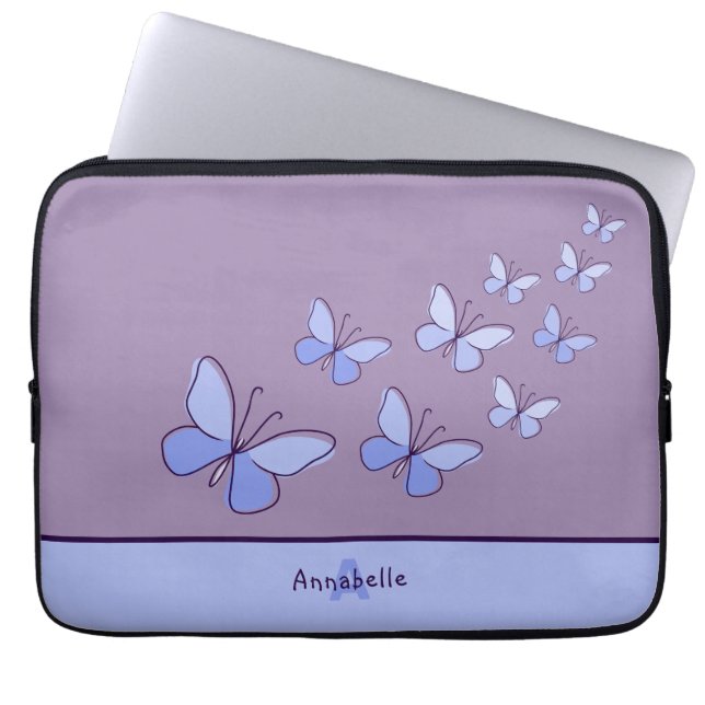 Butterfly Flutter in Blue - Name & Initial Laptop Sleeve (Front)