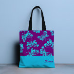 Butterfly Flutter Tote Bag<br><div class="desc">A stunning pair pattern with beautiful blue butterflies on a vibrant purple background. Customize with your name or delete name for no name. Designed for you by Evco Studio.</div>