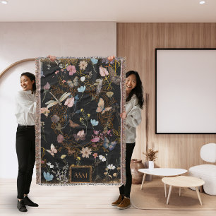 Butterfly Garden Black Throw Blanket