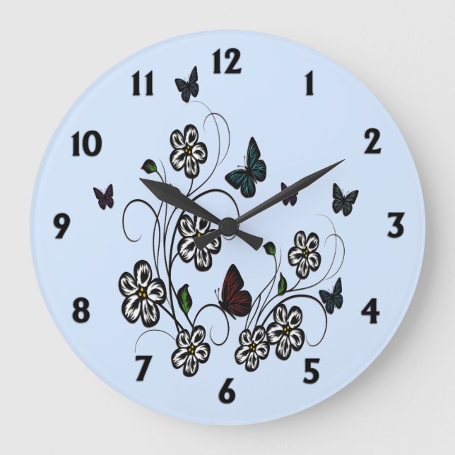 Butterfly Garden Blue with Black Numbers Large Clock (Front)