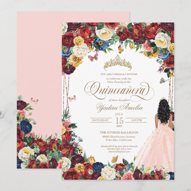 Butterfly Garden Blush Pink Floral Quinceanera Invitation (Front/Back)