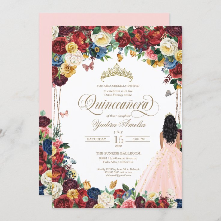 Butterfly Garden Blush Pink Floral Quinceanera Invitation 