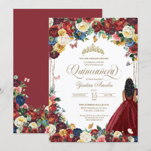 Butterfly Garden Burgundy Flowers Quinceanera Invitation