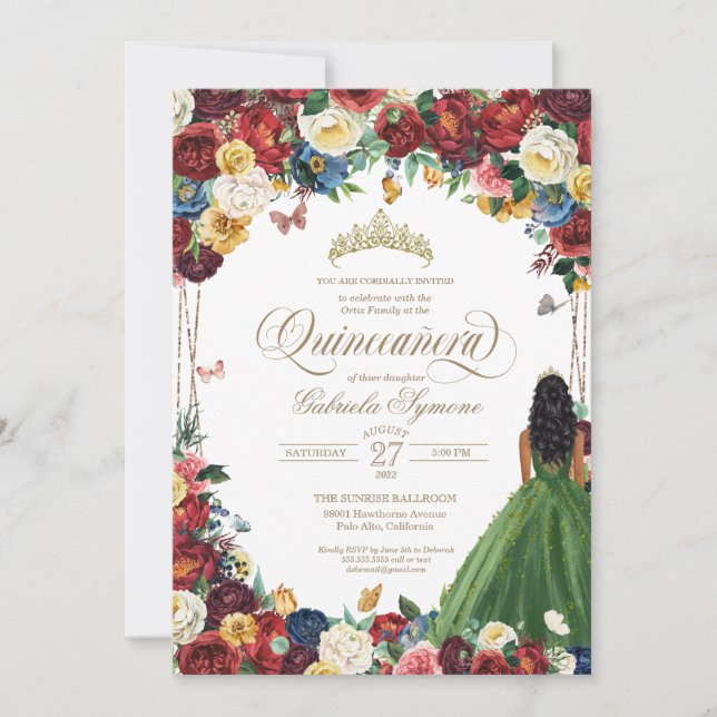 Butterfly Garden Green Gown Floral Quinceanera  In Invitation (Front)