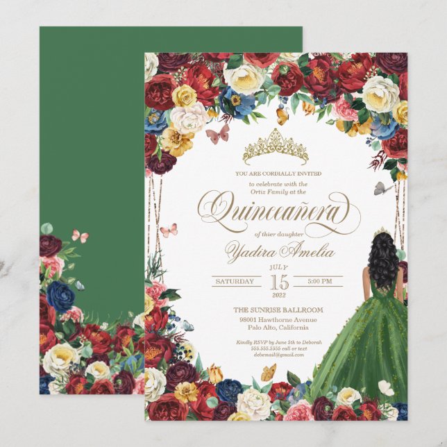 Butterfly Garden Green Gown Royal Red Quinceanera Invitation (Front/Back)
