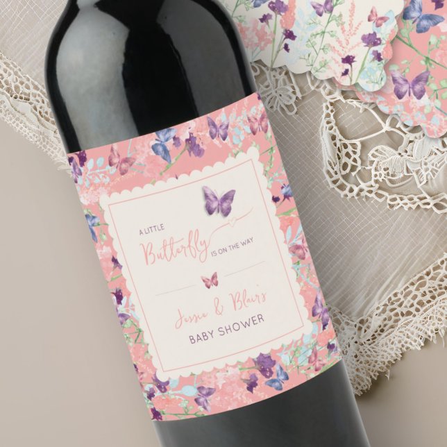 Butterfly Garden Pastel Wildflower Baby Shower  Wine Label (Creator Uploaded)