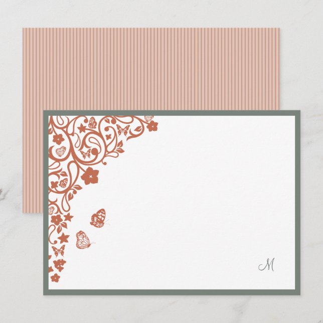 Butterfly Garden Peach Stripe Script Monogram Card (Front/Back)