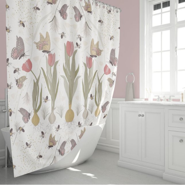 Butterfly Garden Shower Curtain (Butterfly and Bumblebee Tulip Garden Shower Curtain From Jenn Steffen For Studio Posies.)
