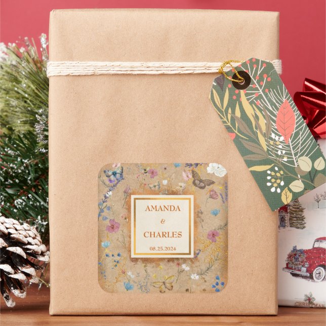 Butterfly Garden Vintage Wedding Square Sticker (Holiday)