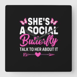 Butterfly Gift She Is A Social Butterfly Square Wall Clock
