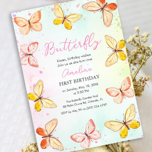 Butterfly Girl 1st Birthday Watercolor Invitation