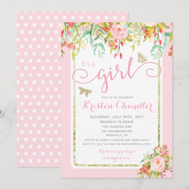 Butterfly Girl Floral Garden Polkadot Baby Shower Invitation (Front/Back)